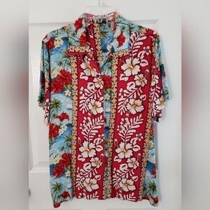 LADY ASHLEY HAWAIIAN FLORAL PRINT BLOUSE SZ L RED YELLOW BLUE